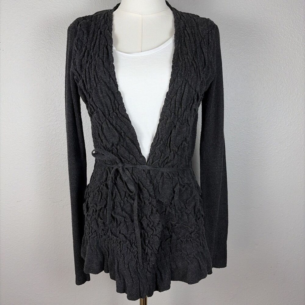 Mystree Open Front Cardigan Sweater Small Belted Gray Textured Wool Boho Casual